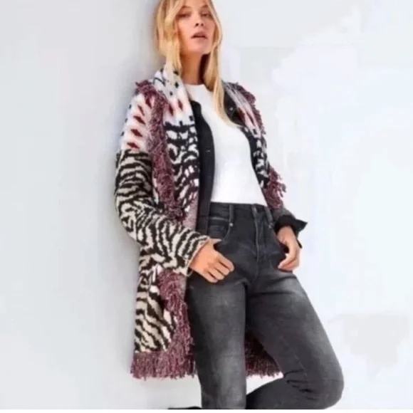 By Anthropologie Paloma Fringed Animal Print Cardigan Sweater - Picture 2 of 16